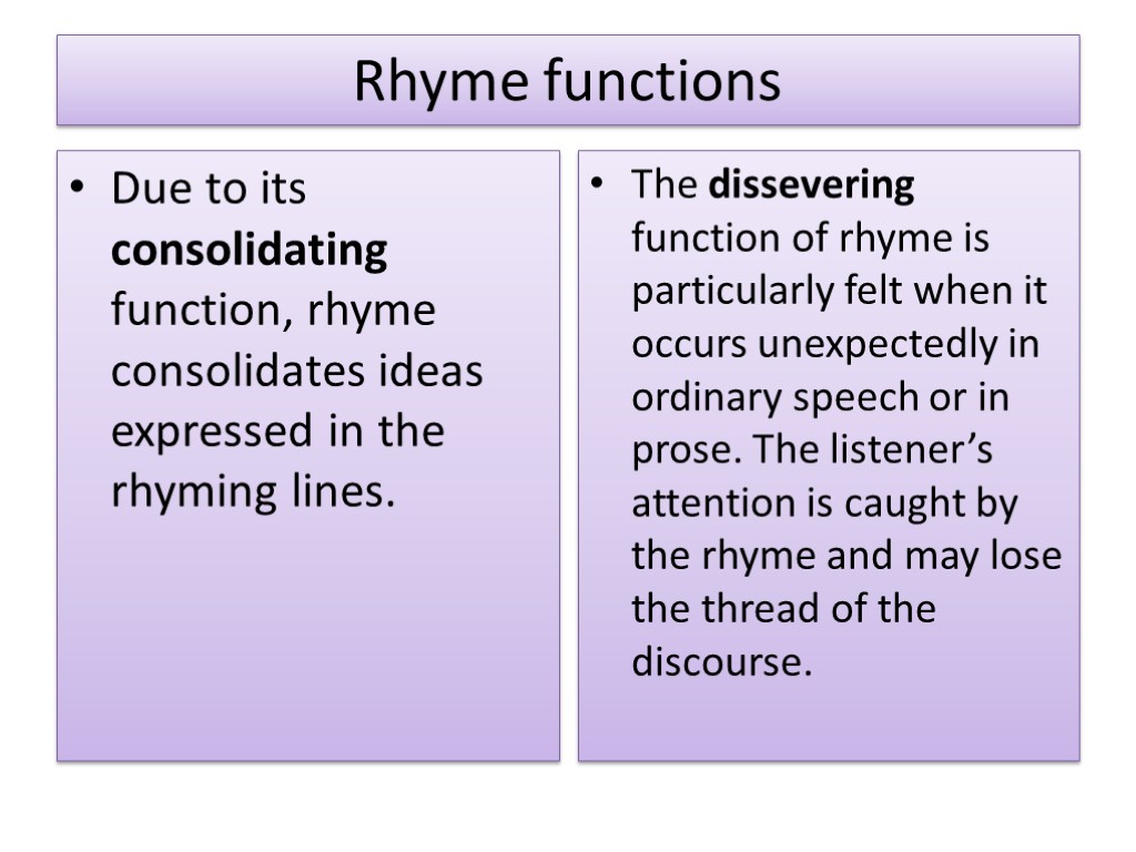 Rhyme functions Due to its consolidating function, rhyme consolidates ideas expressed in the rhyming
